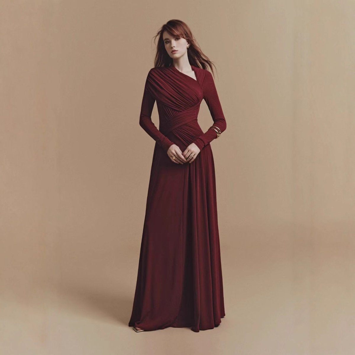 Asymmetric Ruched Gown with Diagonal Draping(MS262) - Mariam's Collection