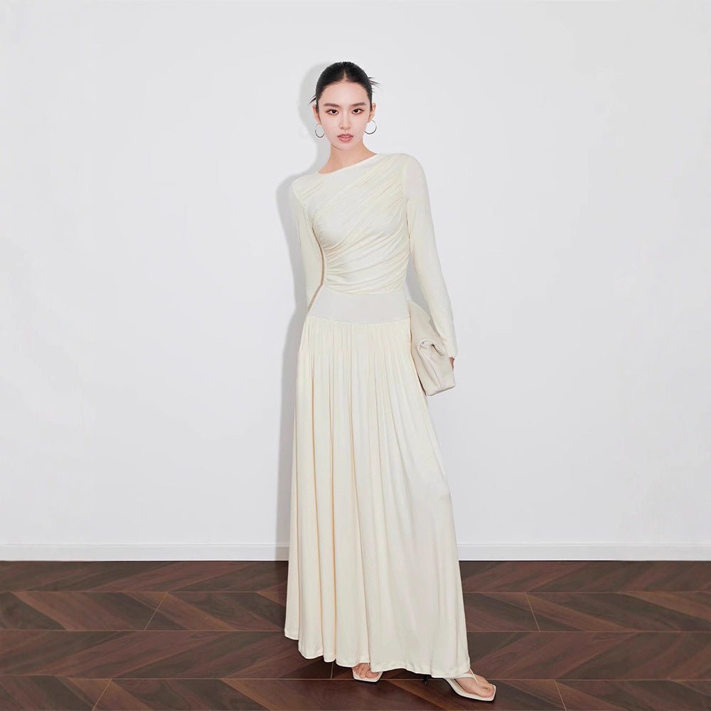 Asymmetric Ruched Knit Dress with Pleated Skirt