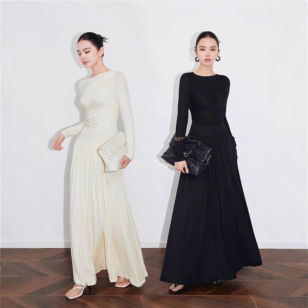 Asymmetric Ruched Knit Dress with Pleated Skirt