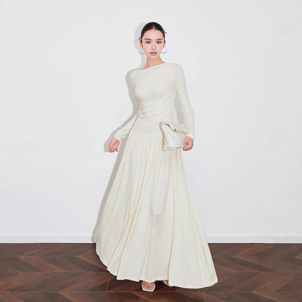 Asymmetric Ruched Knit Dress with Pleated Skirt