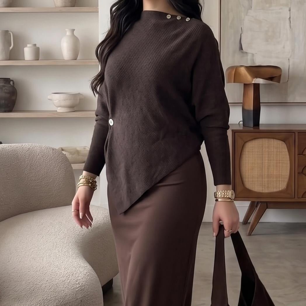 Asymmetric Waist-Detail Knit Top | Long-Sleeve Ribbed Sweater(MS582) - Mariam's Collection