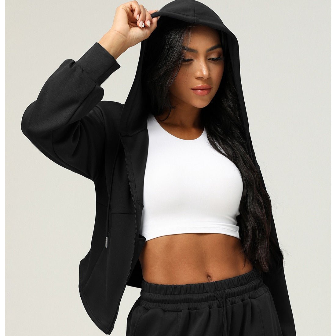 Athletic Zip - Up Hoodie Jacket | Cinched Waist Yoga Top with Pockets(MS169) - Mariam's Collection
