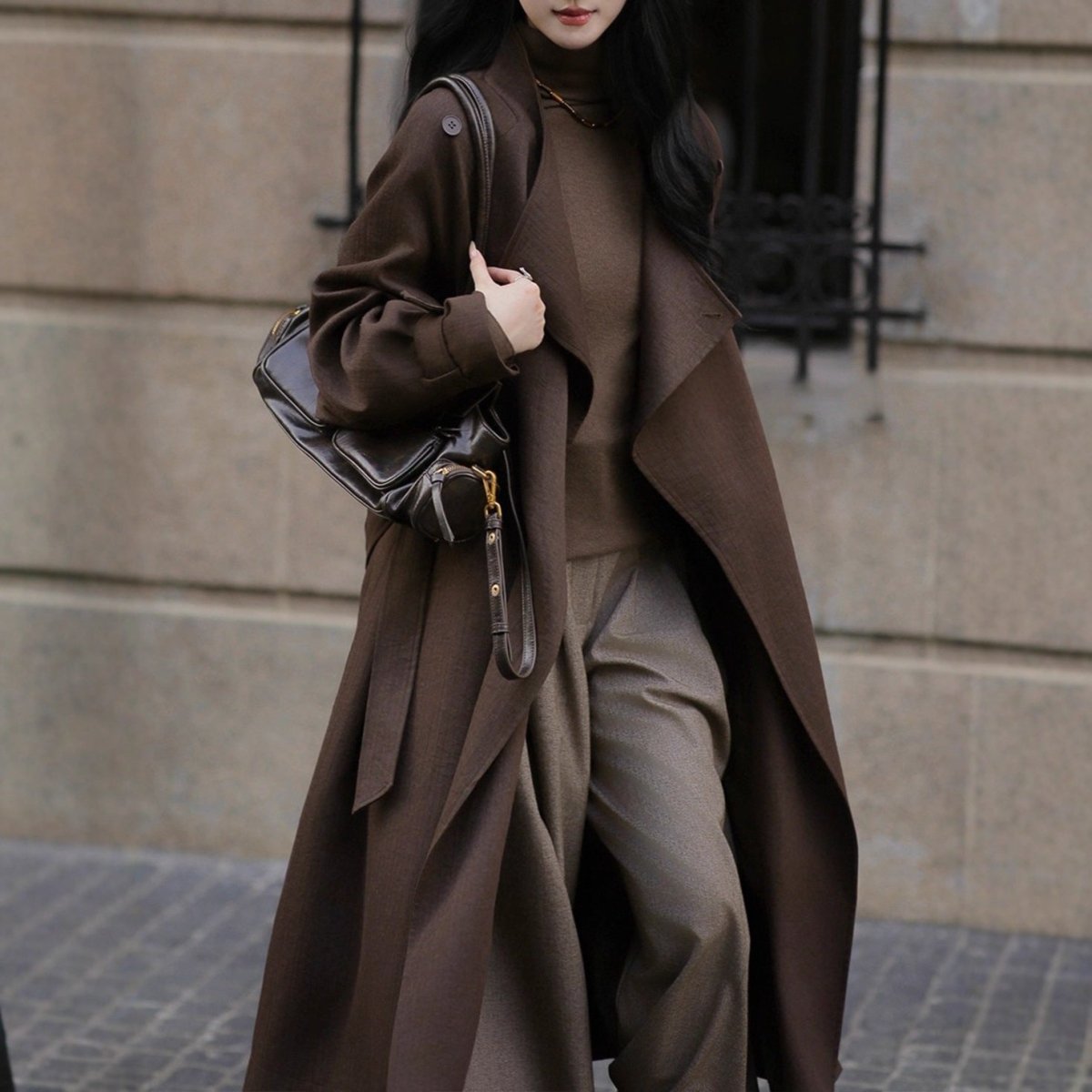 Autumn Long Coat with Wide Lapel | Belted Maxi Jacket(MS145) - Mariam's Collection