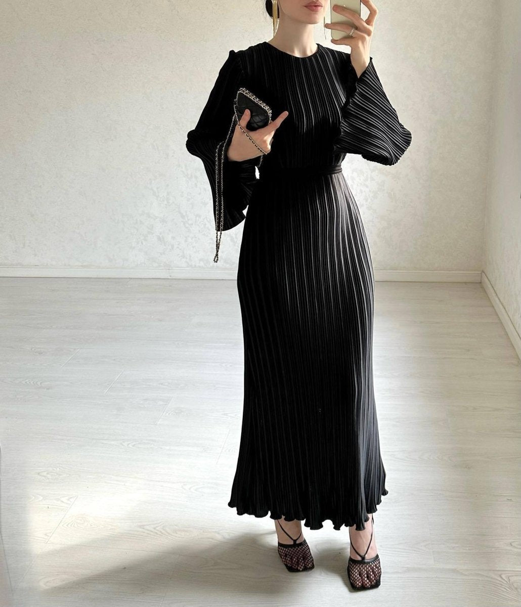 Autumn New Pleated Flared Sleeve Wedding Guest Dress Abaya with Belt. (MA193) - Mariam's Collection