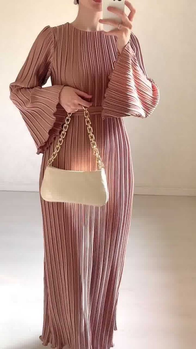 Autumn New Pleated Flared Sleeve Wedding Guest Dress Abaya with Belt. (MA193) - Mariam's Collection