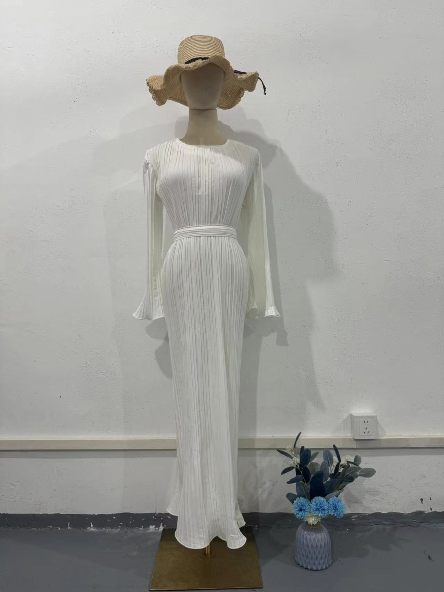 Autumn New Pleated Flared Sleeve Wedding Guest Dress Abaya with Belt. (MA193) - Mariam's Collection