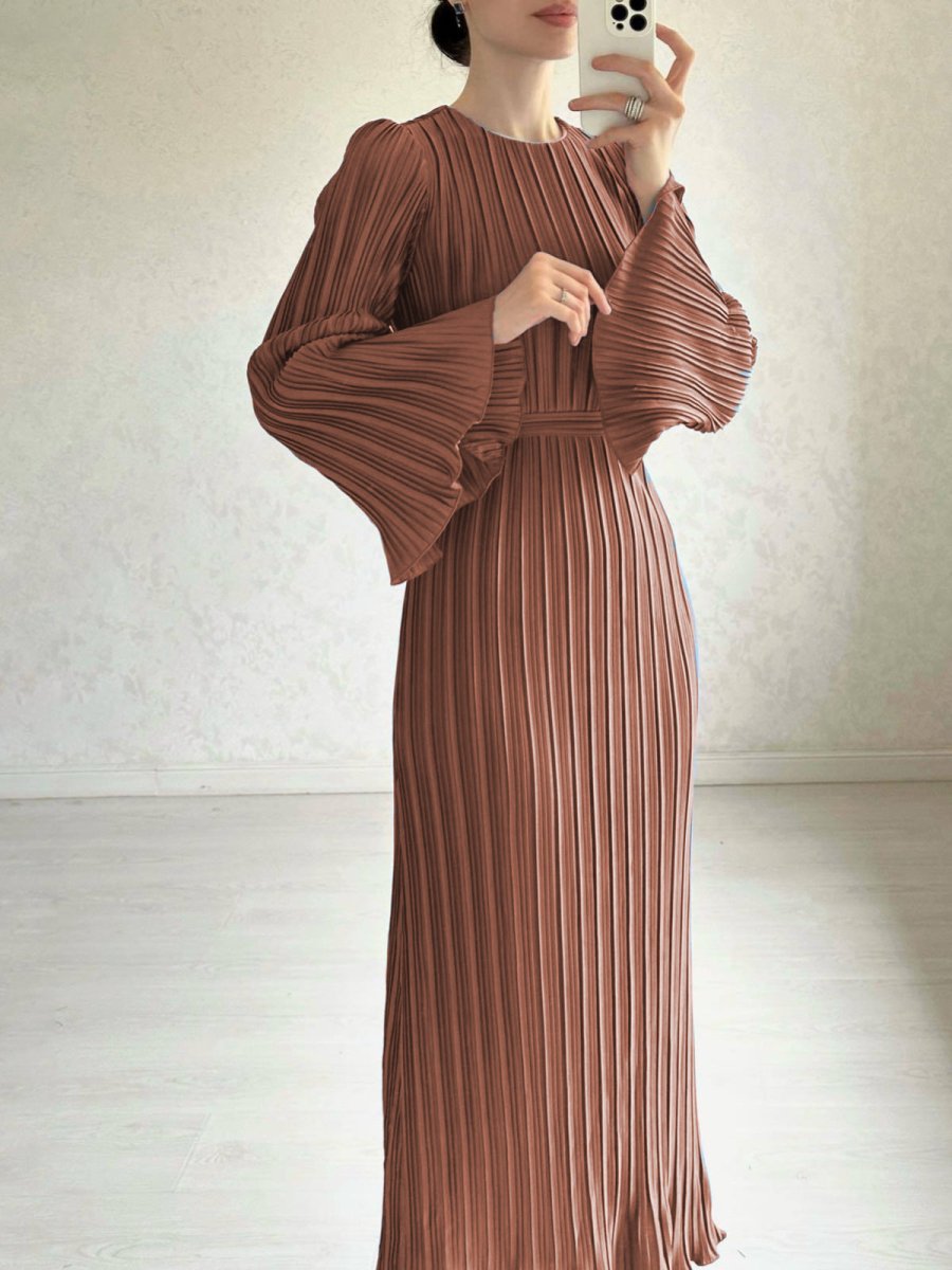 Autumn New Pleated Flared Sleeve Wedding Guest Dress Abaya with Belt. (MA193) - Mariam's Collection