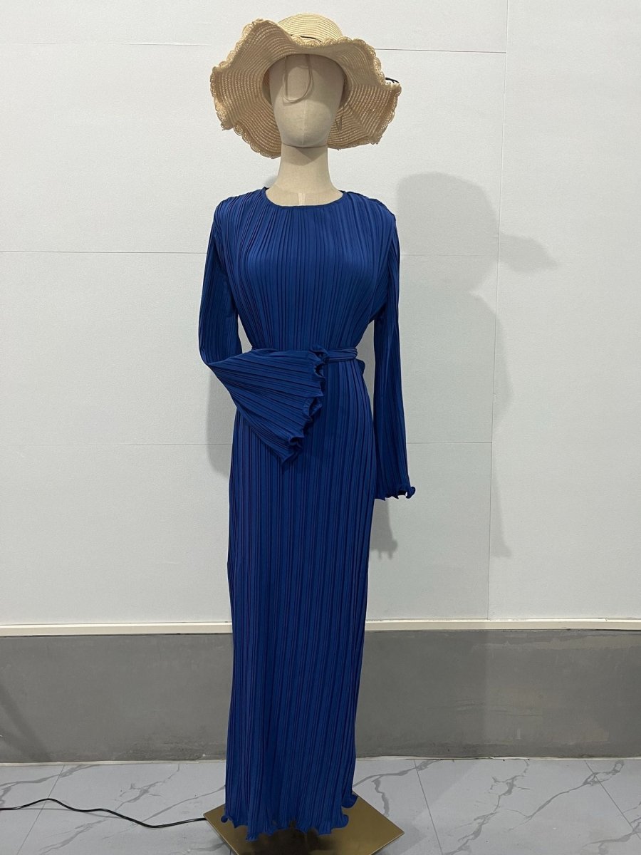 Autumn New Pleated Flared Sleeve Wedding Guest Dress Abaya with Belt. (MA193) - Mariam's Collection