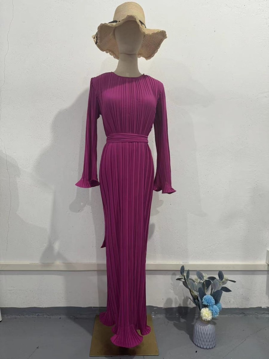 Autumn New Pleated Flared Sleeve Wedding Guest Dress Abaya with Belt. (MA193) - Mariam's Collection
