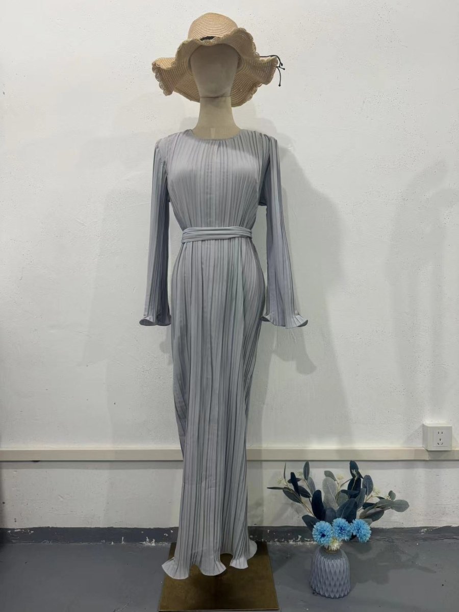 Autumn New Pleated Flared Sleeve Wedding Guest Dress Abaya with Belt. (MA193) - Mariam's Collection
