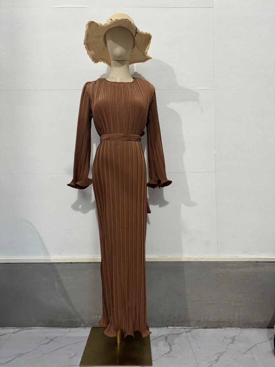 Autumn New Pleated Flared Sleeve Wedding Guest Dress Abaya with Belt. (MA193) - Mariam's Collection