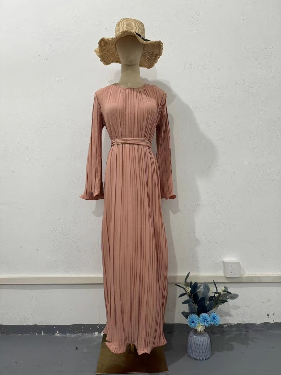 Autumn New Pleated Flared Sleeve Wedding Guest Dress Abaya with Belt. (MA193) - Mariam's Collection