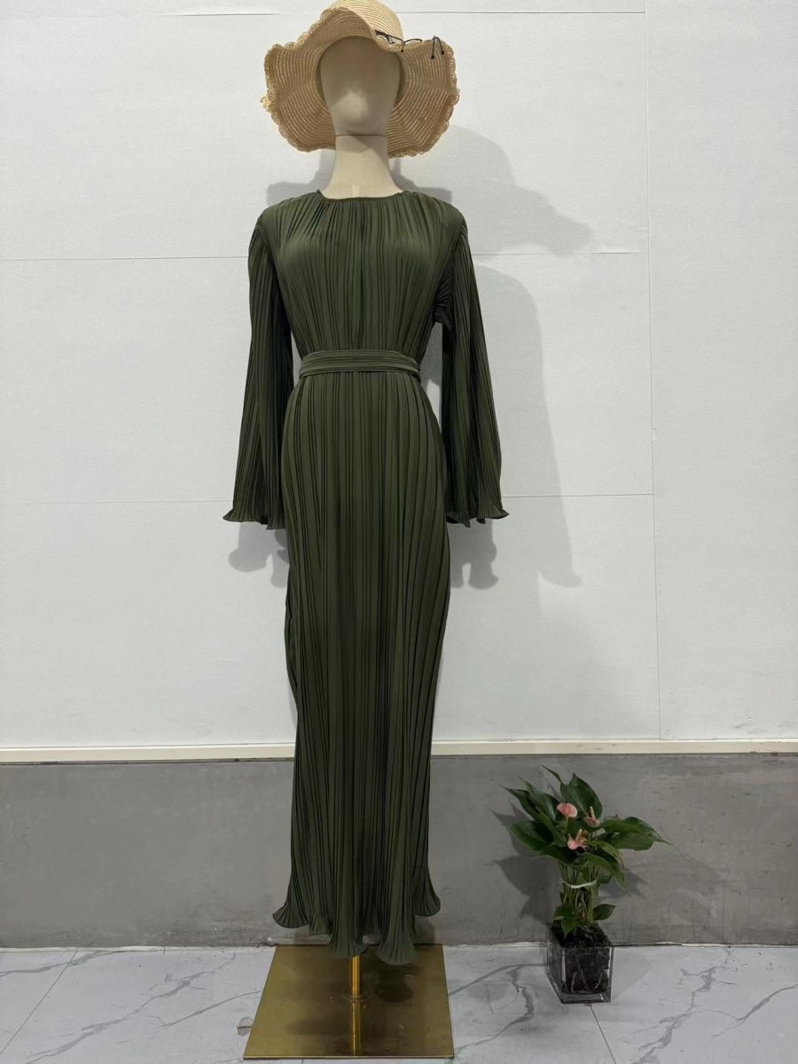 Autumn New Pleated Flared Sleeve Wedding Guest Dress Abaya with Belt. (MA193) - Mariam's Collection