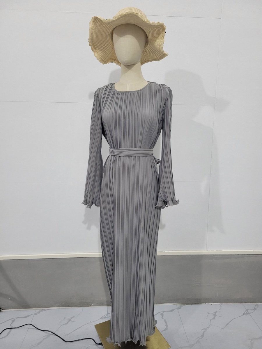 Autumn New Pleated Flared Sleeve Wedding Guest Dress Abaya with Belt. (MA193) - Mariam's Collection