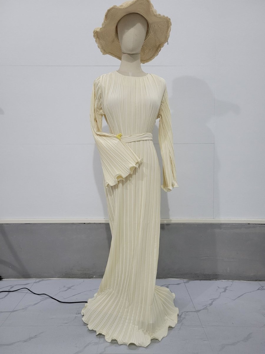 Autumn New Pleated Flared Sleeve Wedding Guest Dress Abaya with Belt. (MA193) - Mariam's Collection