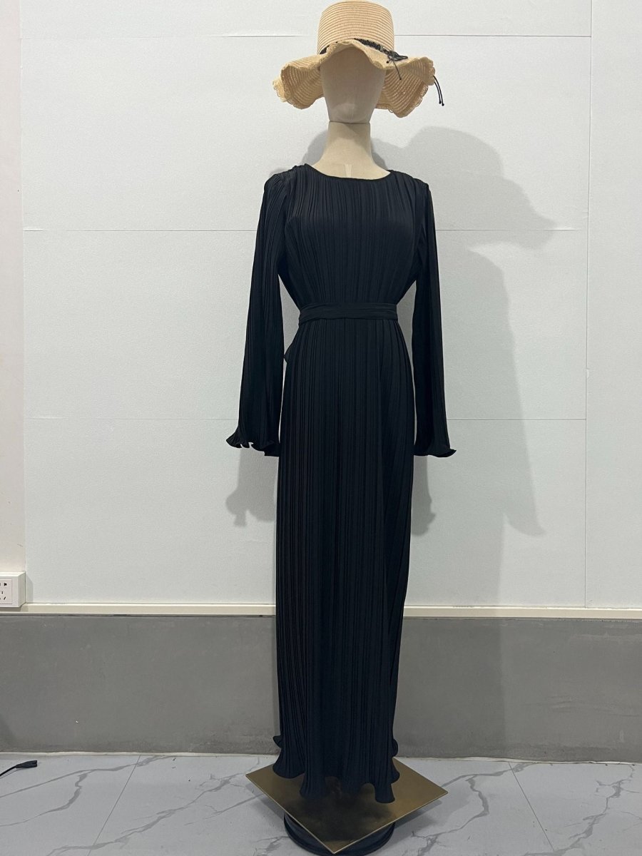 Autumn New Pleated Flared Sleeve Wedding Guest Dress Abaya with Belt. (MA193) - Mariam's Collection