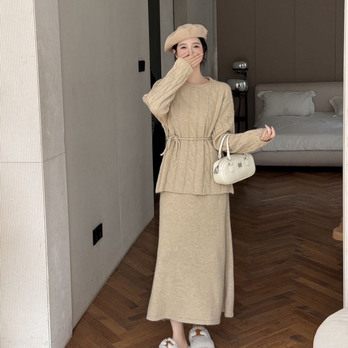 Autumn Winter Cable Knit Two - Piece Set | Round Neck Tie - Waist Sweater & Loose Skirt(MS133) - Mariam's Collection