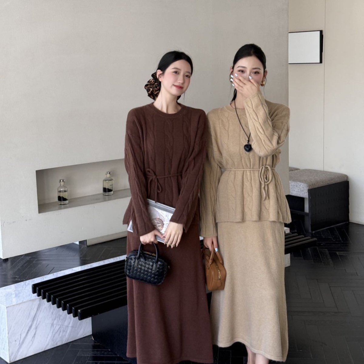 Autumn Winter Cable Knit Two - Piece Set | Round Neck Tie - Waist Sweater & Loose Skirt(MS133) - Mariam's Collection