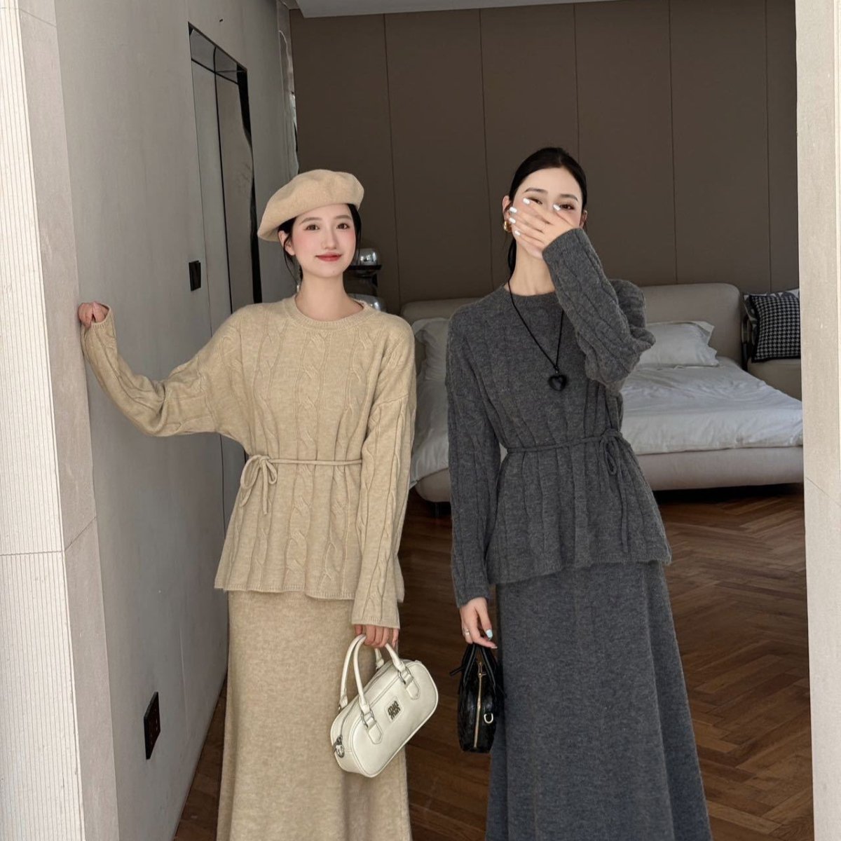 Autumn Winter Cable Knit Two - Piece Set | Round Neck Tie - Waist Sweater & Loose Skirt(MS133) - Mariam's Collection