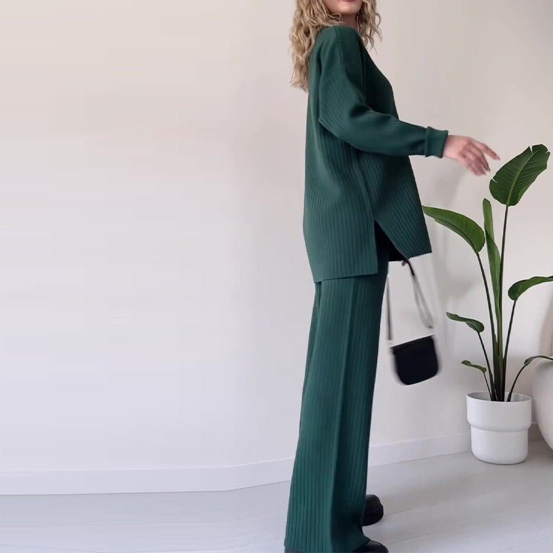 Autumn Winter Knit Two - Piece Set | Button - Up Collar Top & Elastic Waist Pants(MS125) - Mariam's Collection