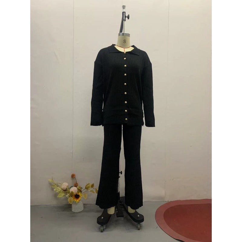 Autumn Winter Knit Two - Piece Set | Button - Up Collar Top & Elastic Waist Pants(MS125) - Mariam's Collection