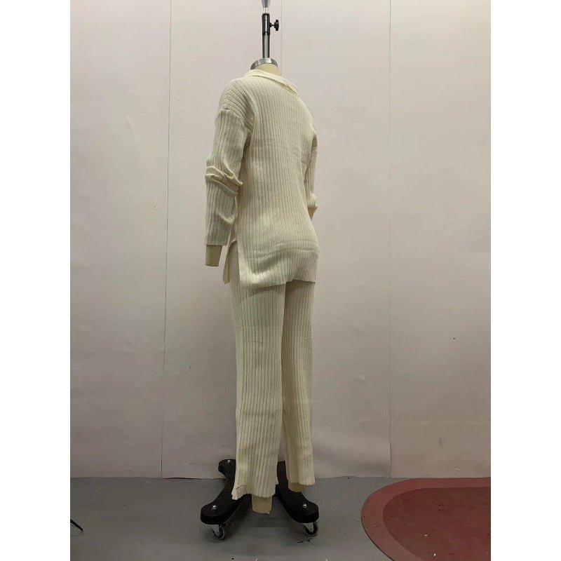 Autumn Winter Knit Two - Piece Set | Button - Up Collar Top & Elastic Waist Pants(MS125) - Mariam's Collection