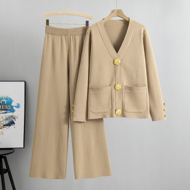 Autumn - Winter Knit V - Neck Gold Button Cardigan Two - Piece Set. (MS089) - Mariam's Collection