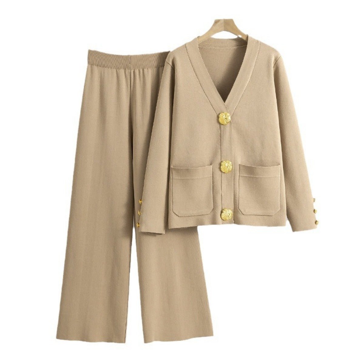 Autumn - Winter Knit V - Neck Gold Button Cardigan Two - Piece Set. (MS089) - Mariam's Collection