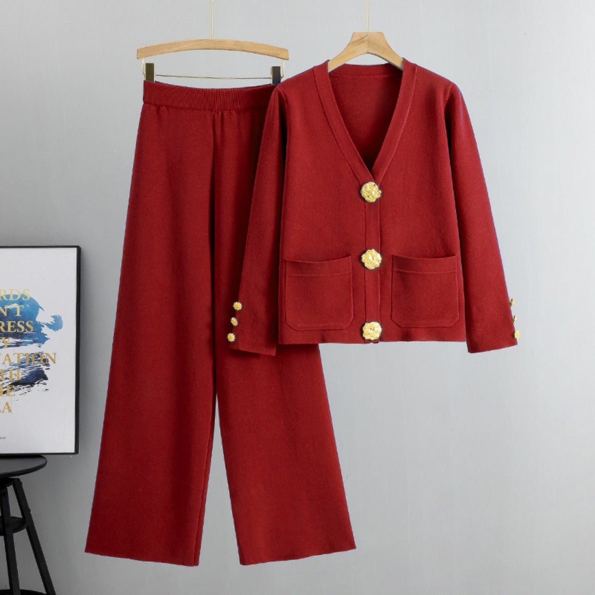 Autumn - Winter Knit V - Neck Gold Button Cardigan Two - Piece Set. (MS089) - Mariam's Collection