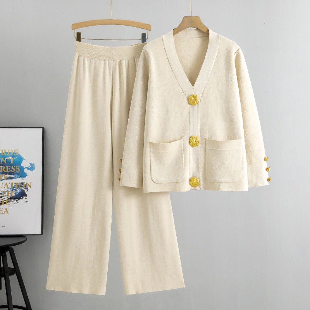 Autumn - Winter Knit V - Neck Gold Button Cardigan Two - Piece Set. (MS089) - Mariam's Collection