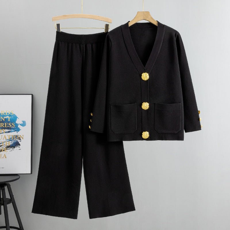 Autumn - Winter Knit V - Neck Gold Button Cardigan Two - Piece Set. (MS089) - Mariam's Collection