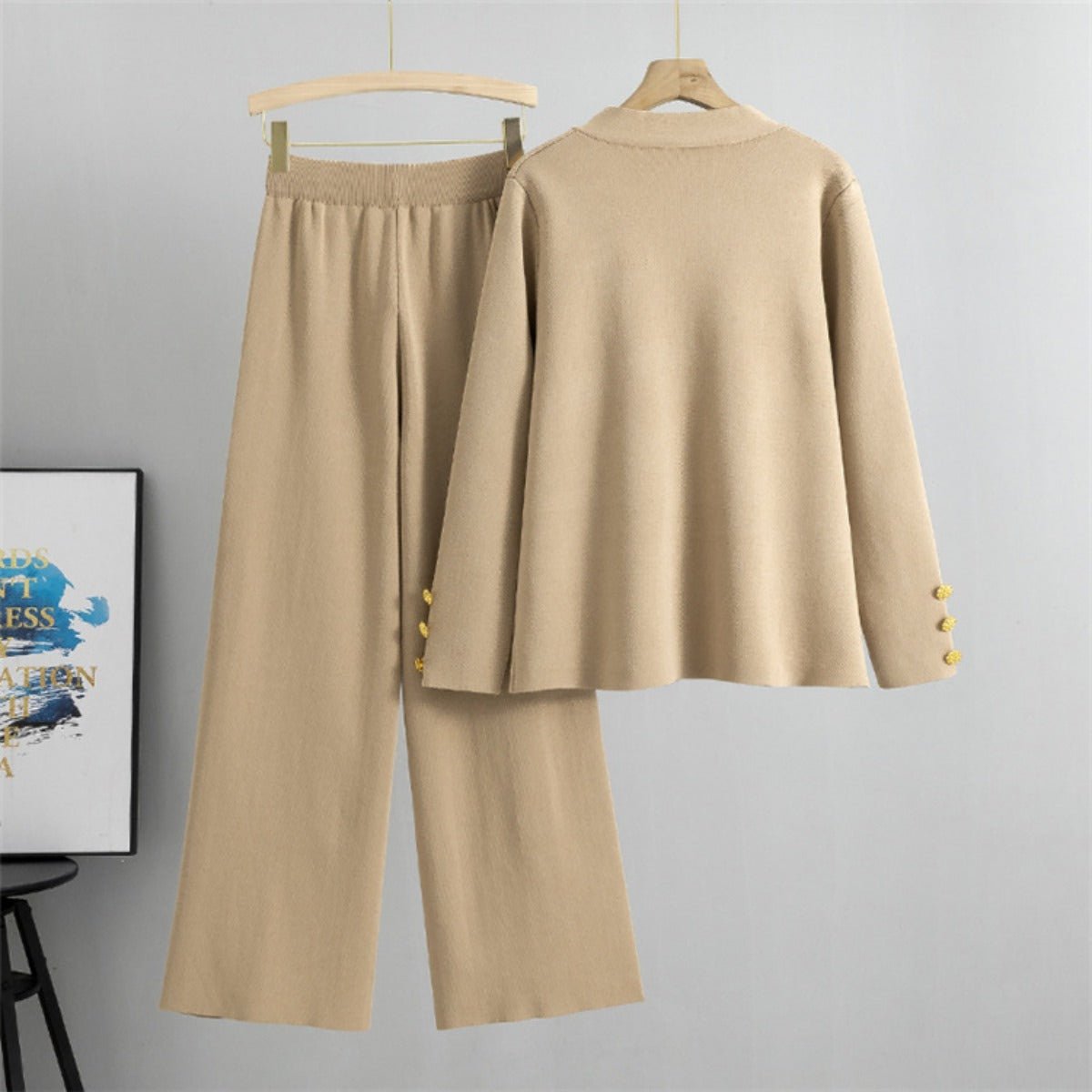 Autumn - Winter Knit V - Neck Gold Button Cardigan Two - Piece Set. (MS089) - Mariam's Collection