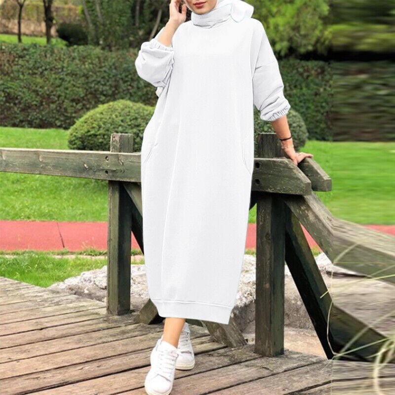Autumn Winter Lined Turtleneck Maxi Dress | Casual Sweatshirt Dress with Elastic Cuffs (MS138) - Mariam's Collection