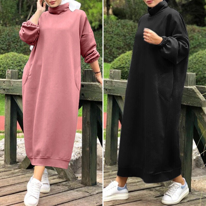 Autumn Winter Lined Turtleneck Maxi Dress | Casual Sweatshirt Dress with Elastic Cuffs (MS138) - Mariam's Collection