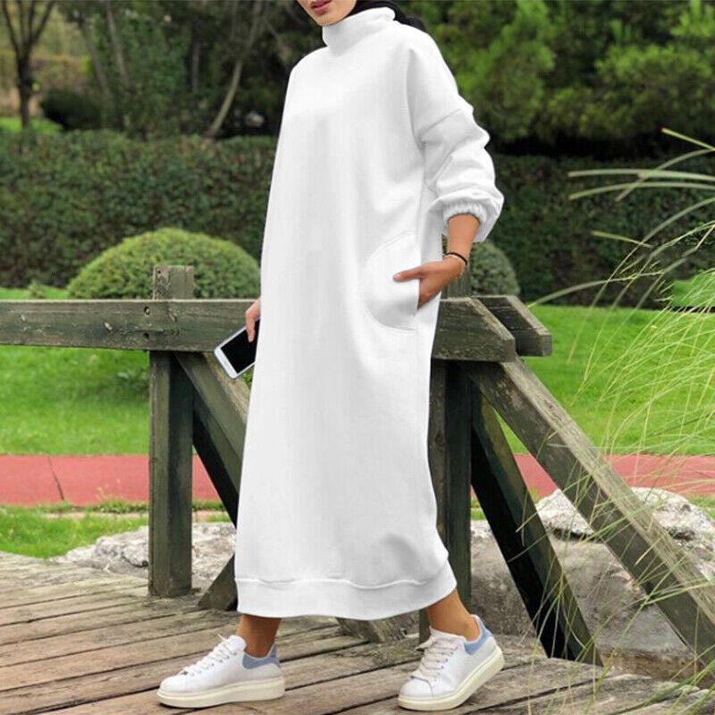 Autumn Winter Lined Turtleneck Maxi Dress | Casual Sweatshirt Dress with Elastic Cuffs (MS138) - Mariam's Collection