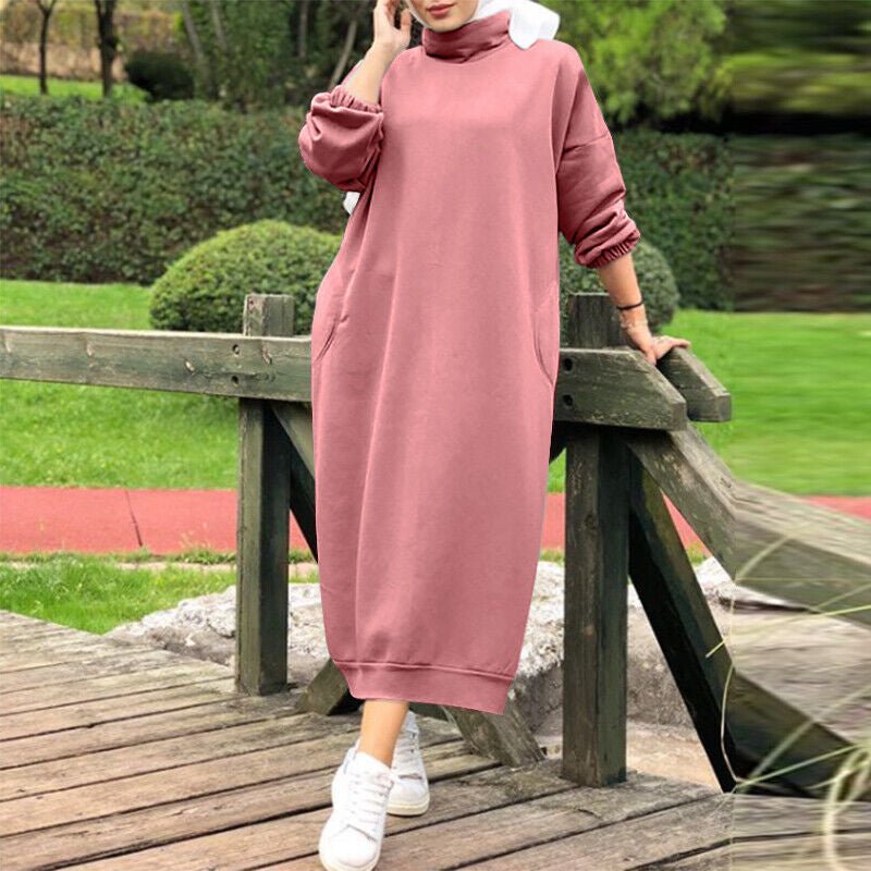 Autumn Winter Lined Turtleneck Maxi Dress | Casual Sweatshirt Dress with Elastic Cuffs (MS138) - Mariam's Collection