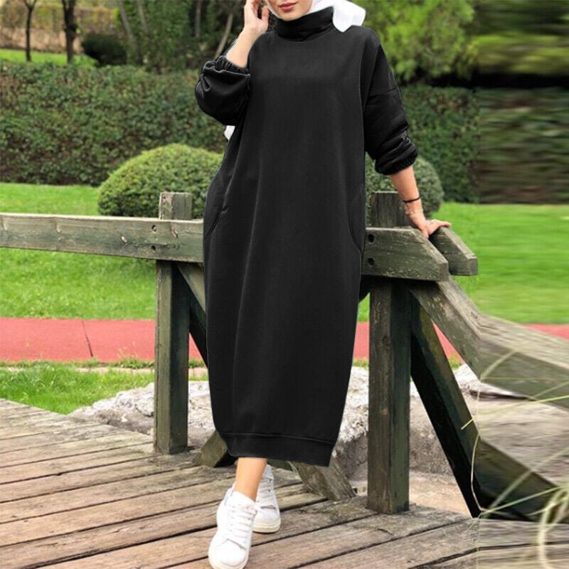 Autumn Winter Lined Turtleneck Maxi Dress | Casual Sweatshirt Dress with Elastic Cuffs (MS138) - Mariam's Collection