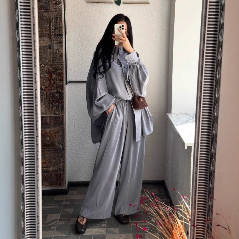 Autumn Winter Loose Fit Two - Piece Set | Stand Collar Shirt & Wide Leg Pants(MS128) - Mariam's Collection