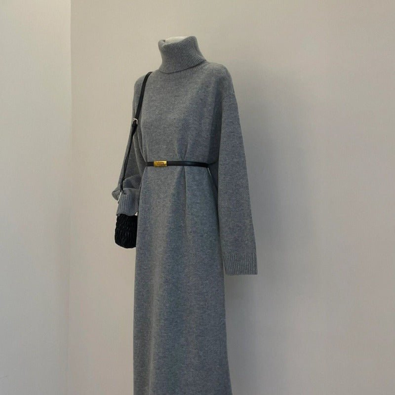 Autumn Winter Turtleneck Knit Maxi Dress | Elegant Lazy Style Grey Long Sleeve Sweater Dress(MS131) - Mariam's Collection