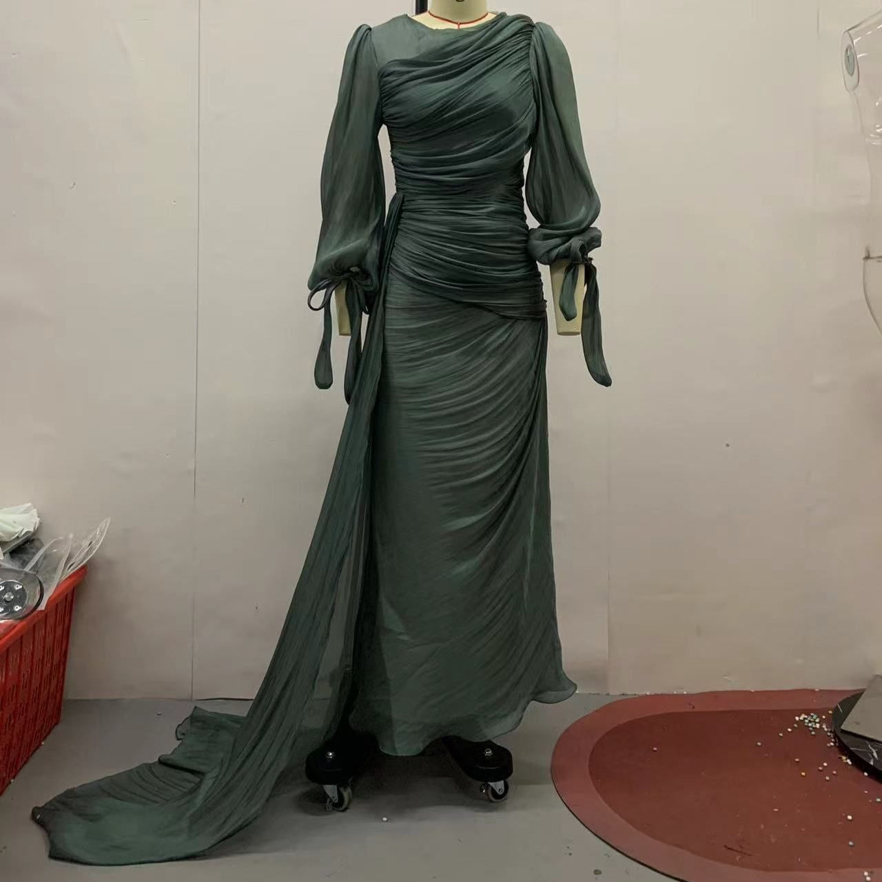 Ruched Evening Dress | Puff Sleeve Bodycon Maxi Dress(MS280)