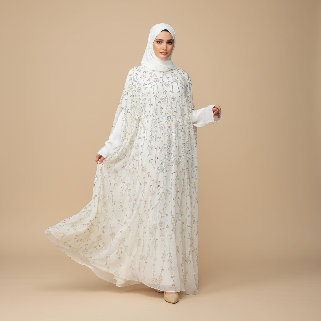Luxury Crystal Embellished Cape Abaya Set with Modal Long-Sleeve Inner Dress(MA390)
