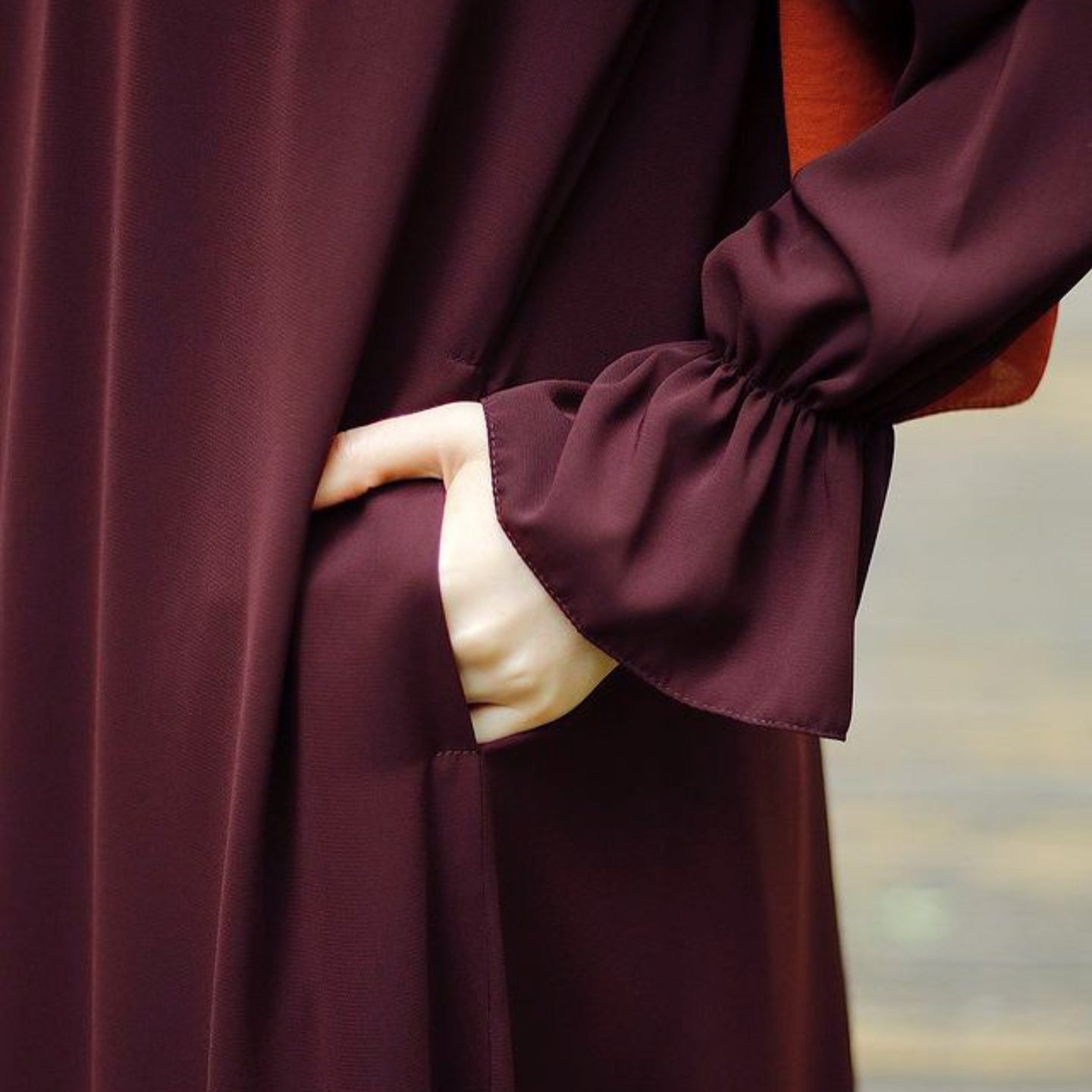 Bell Sleeve Chiffon Abaya | Round Neck Pocket Maxi Dress(MA363)