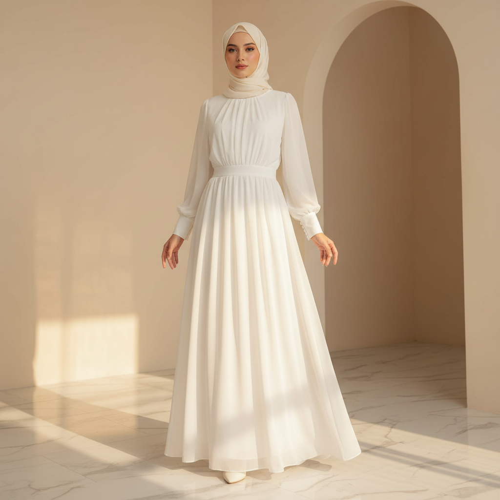 White Chiffon Princess Dress Abaya with Lantern Sleeves | Elegant Spring Fairy Swing French Court-Style Abaya (MA180)
