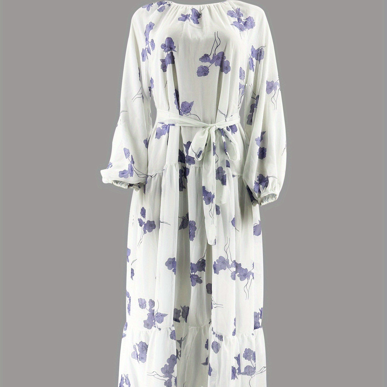 Watercolor Floral Maxi Dress | Long Sleeve Belted Tiered Dress(MS273)