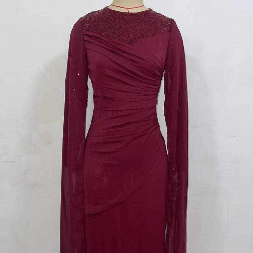 Sequin Embellished Formal Dress | Long Sleeve Ruched Bodycon Dress(MS272)