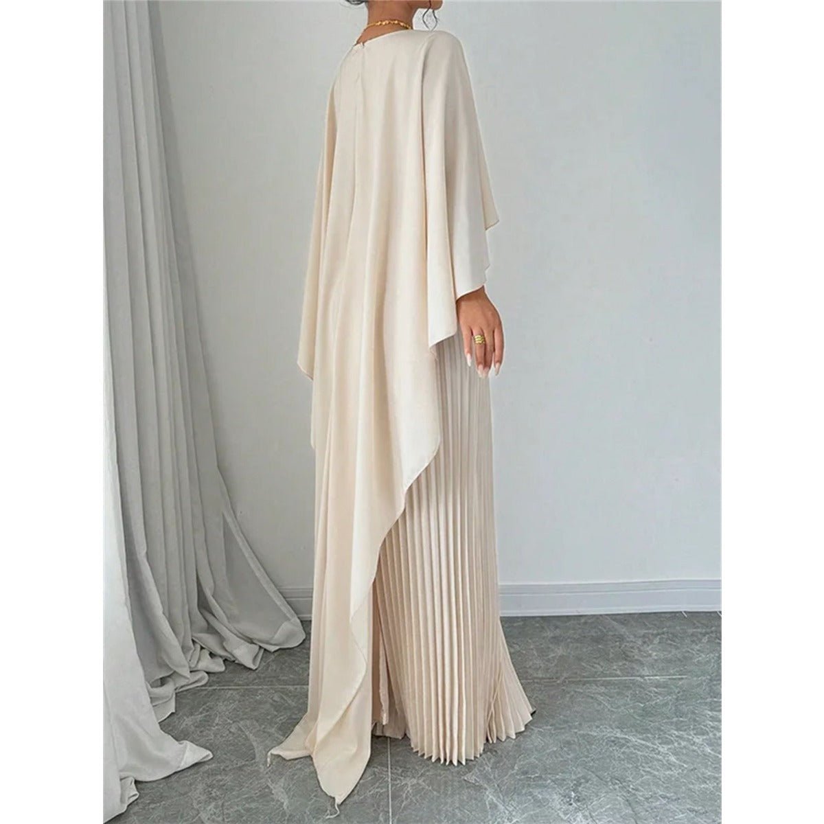 Bat Sleeve Pleated Maxi Dress | Cream White Cape Dress with Dramatic Bell Sleeves. (MA241) - Mariam's Collection