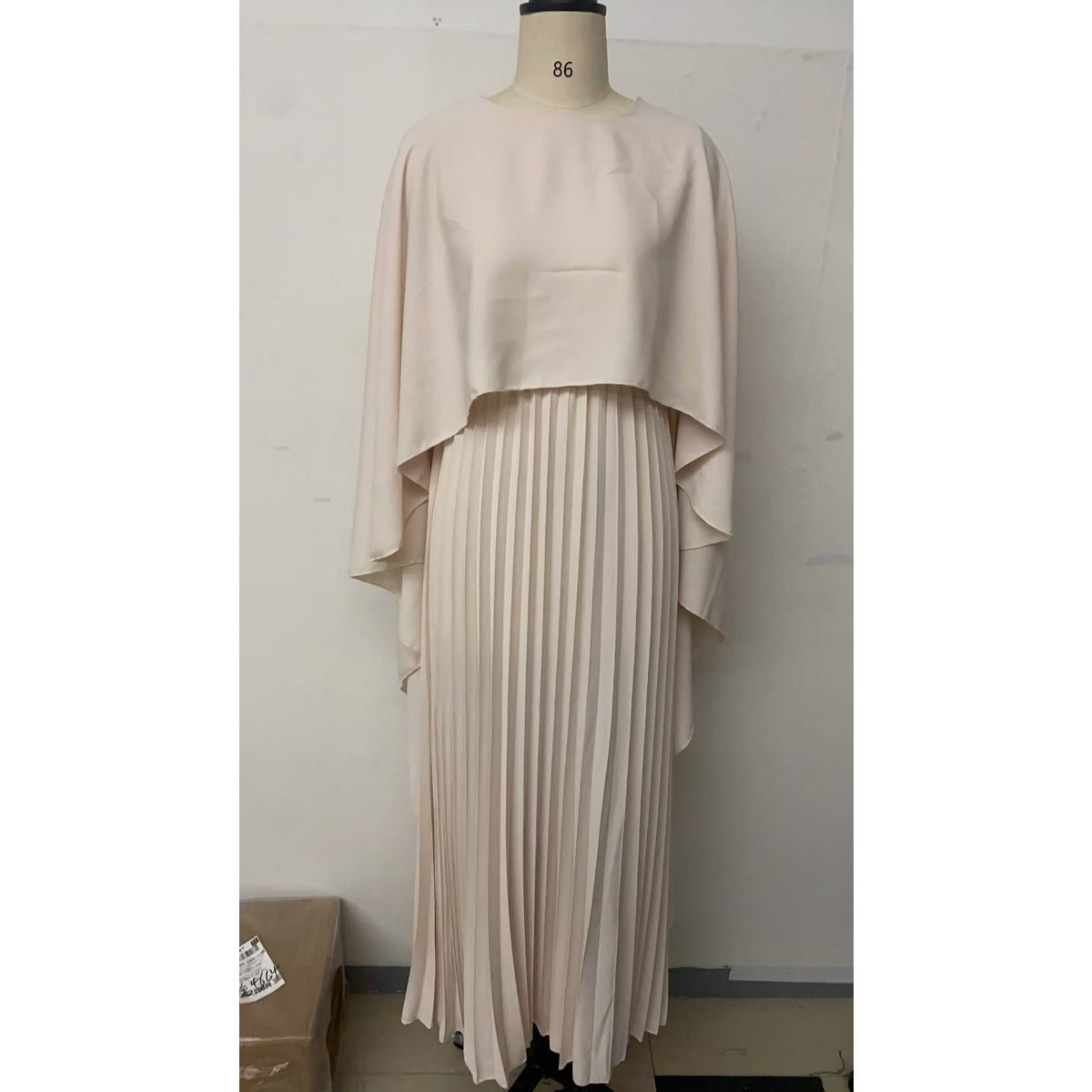 Bat Sleeve Pleated Maxi Dress | Cream White Cape Dress with Dramatic Bell Sleeves. (MA241) - Mariam's Collection