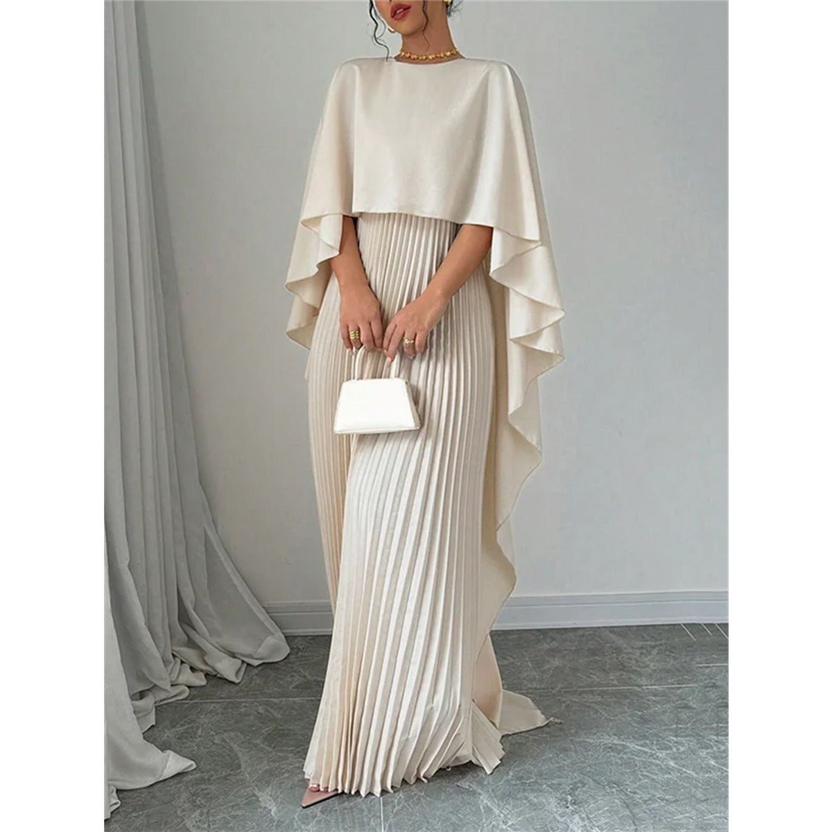 Bat Sleeve Pleated Maxi Dress | Cream White Cape Dress with Dramatic Bell Sleeves. (MA241) - Mariam's Collection
