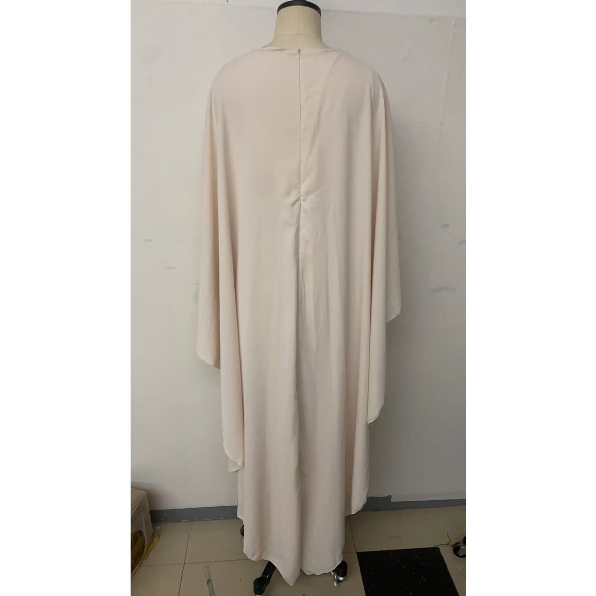 Bat Sleeve Pleated Maxi Dress | Cream White Cape Dress with Dramatic Bell Sleeves. (MA241) - Mariam's Collection