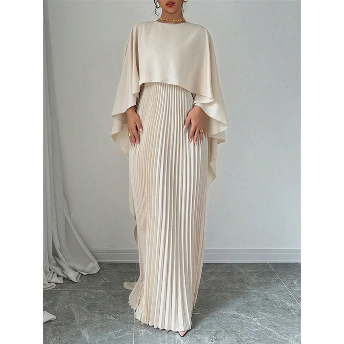 Bat Sleeve Pleated Maxi Dress | Cream White Cape Dress with Dramatic Bell Sleeves. (MA241) - Mariam's Collection